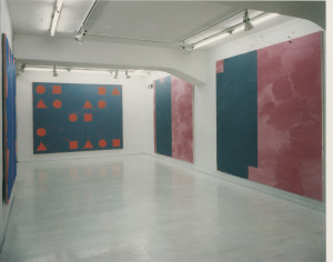 (left to right) Line Outside, H. Diptych A, 1996; Line Out-side, sosoj, , 1996; Line Outside, meneji, acrylic on canvas, 1996